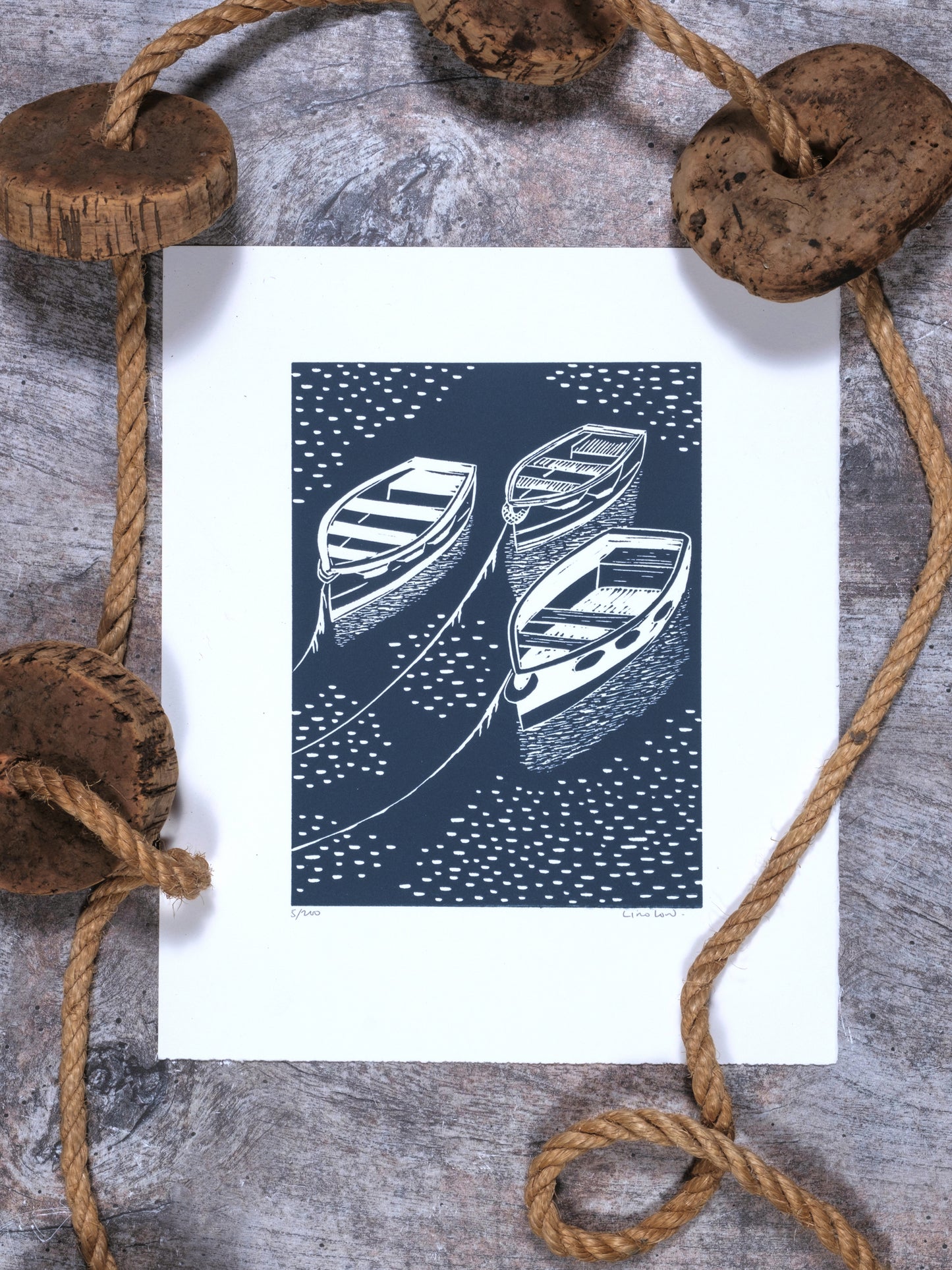 Glimmering Moorings, St Mawes Limited Edition Lino Print