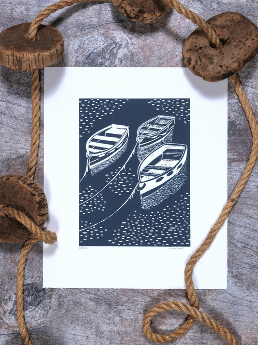 Glimmering Moorings, St Mawes Limited Edition Lino Print