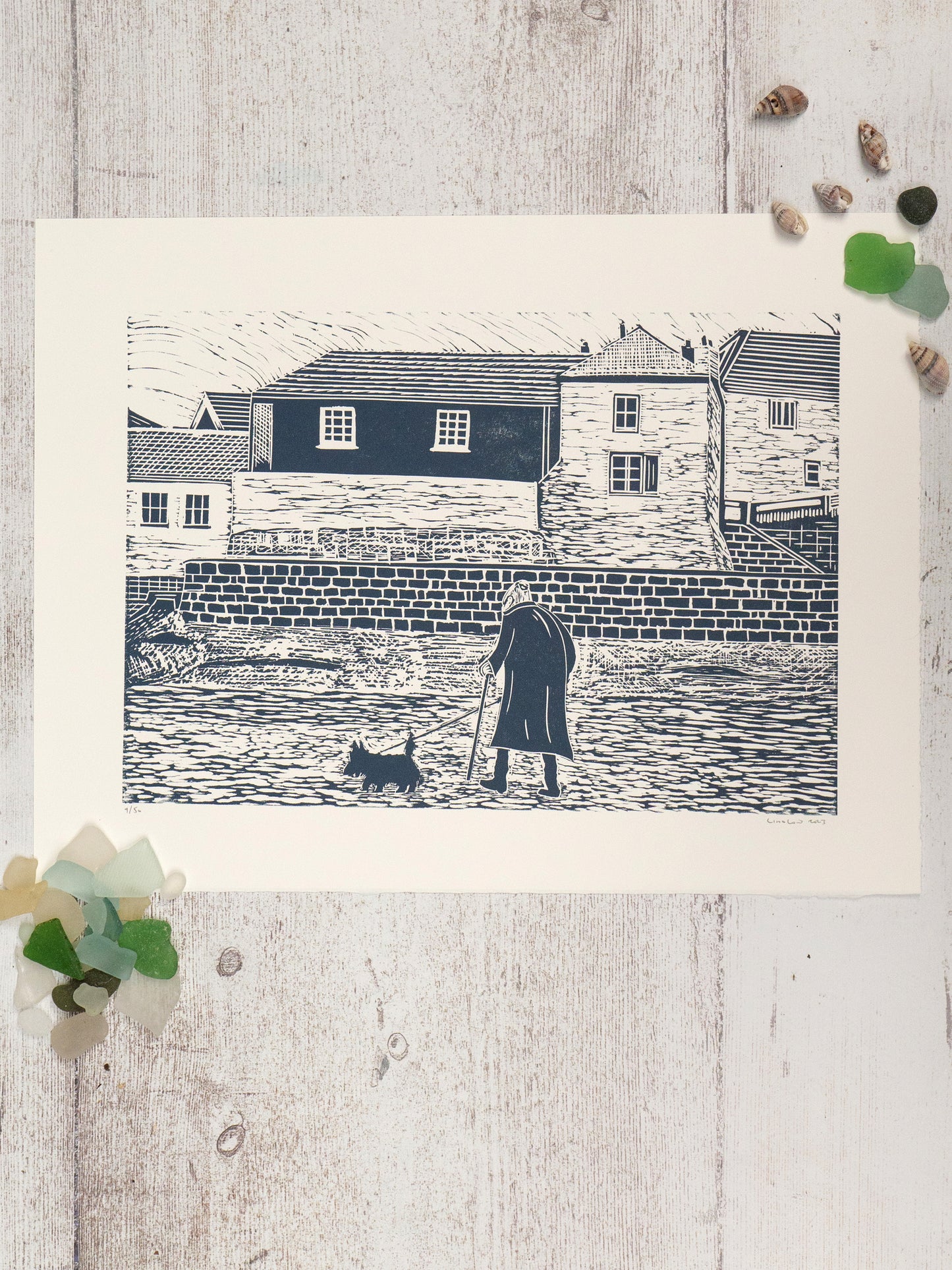 Old Lady on Gorran Haven Beach Lino Print