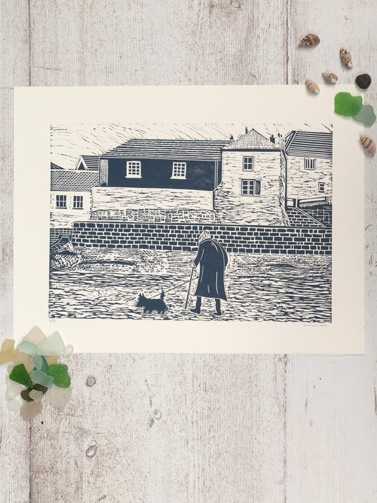 Old Lady on Gorran Haven Beach Lino Print