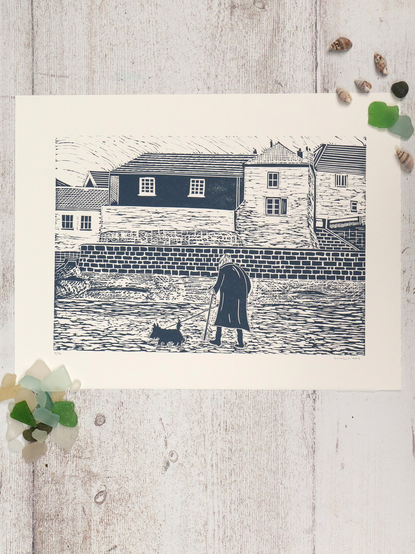Old Lady on Gorran Haven Beach Lino Print - Test Print