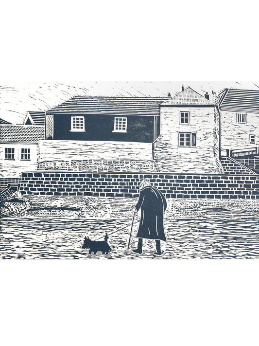 Old Lady on Gorran Haven Beach Lino Print - Test Print