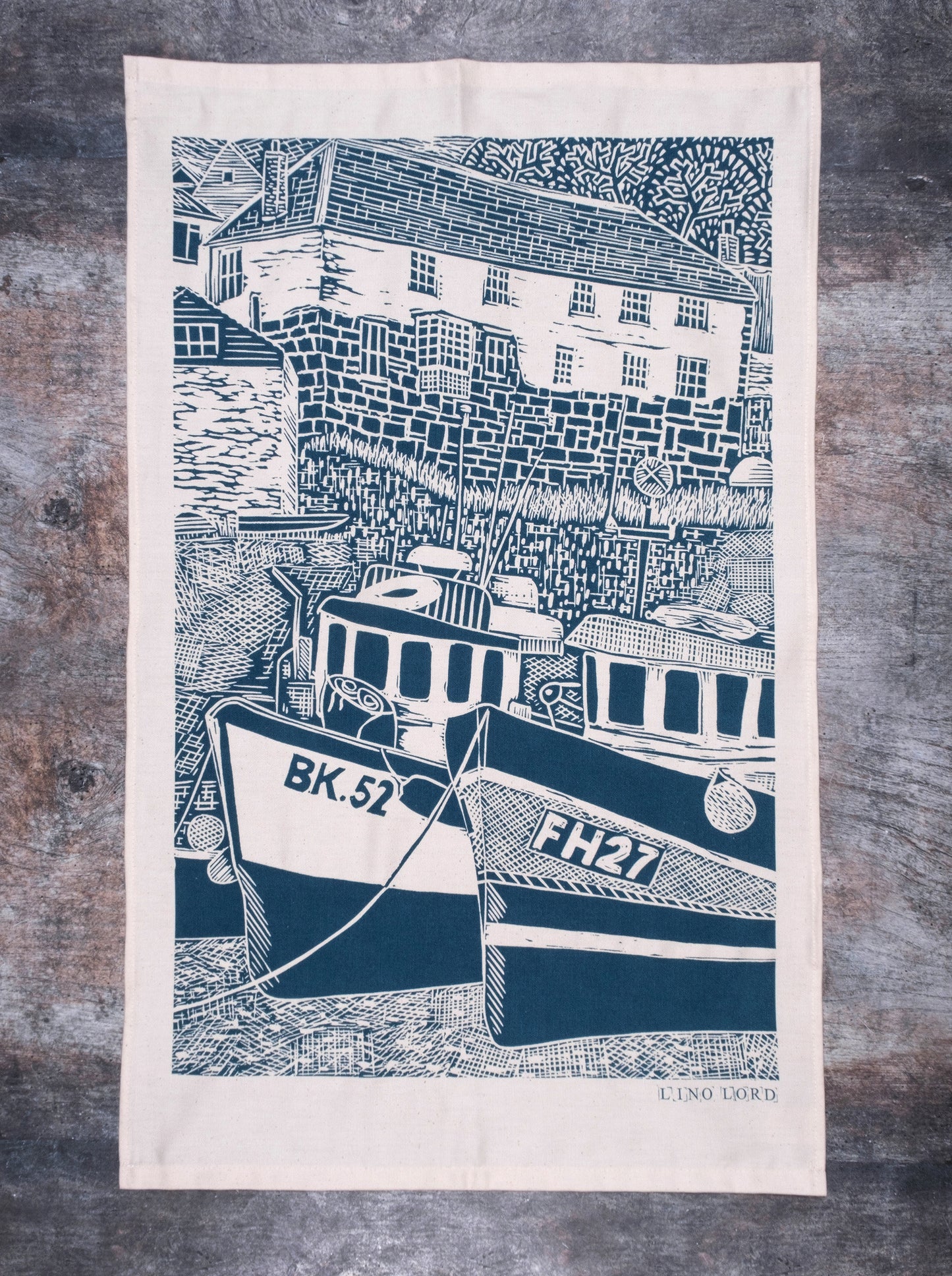 Organic Cotton Tea Towel with Fishing Boats, Coverack Lino Print