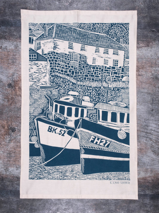 Organic Cotton Tea Towel with Fishing Boats, Coverack Lino Print