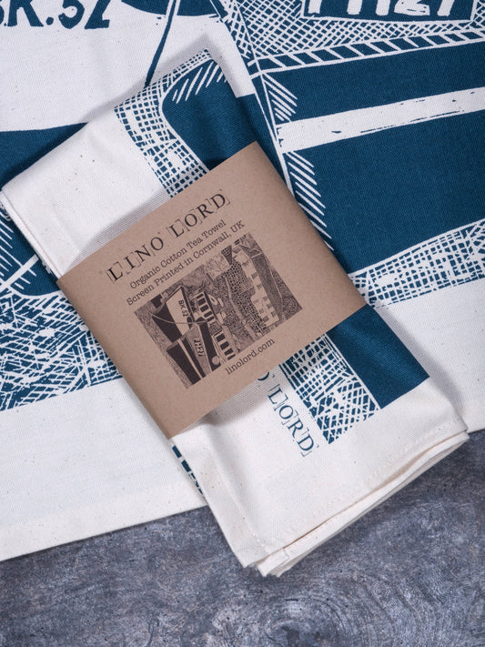 Organic Cotton Tea Towel with Fishing Boats, Coverack Lino Print