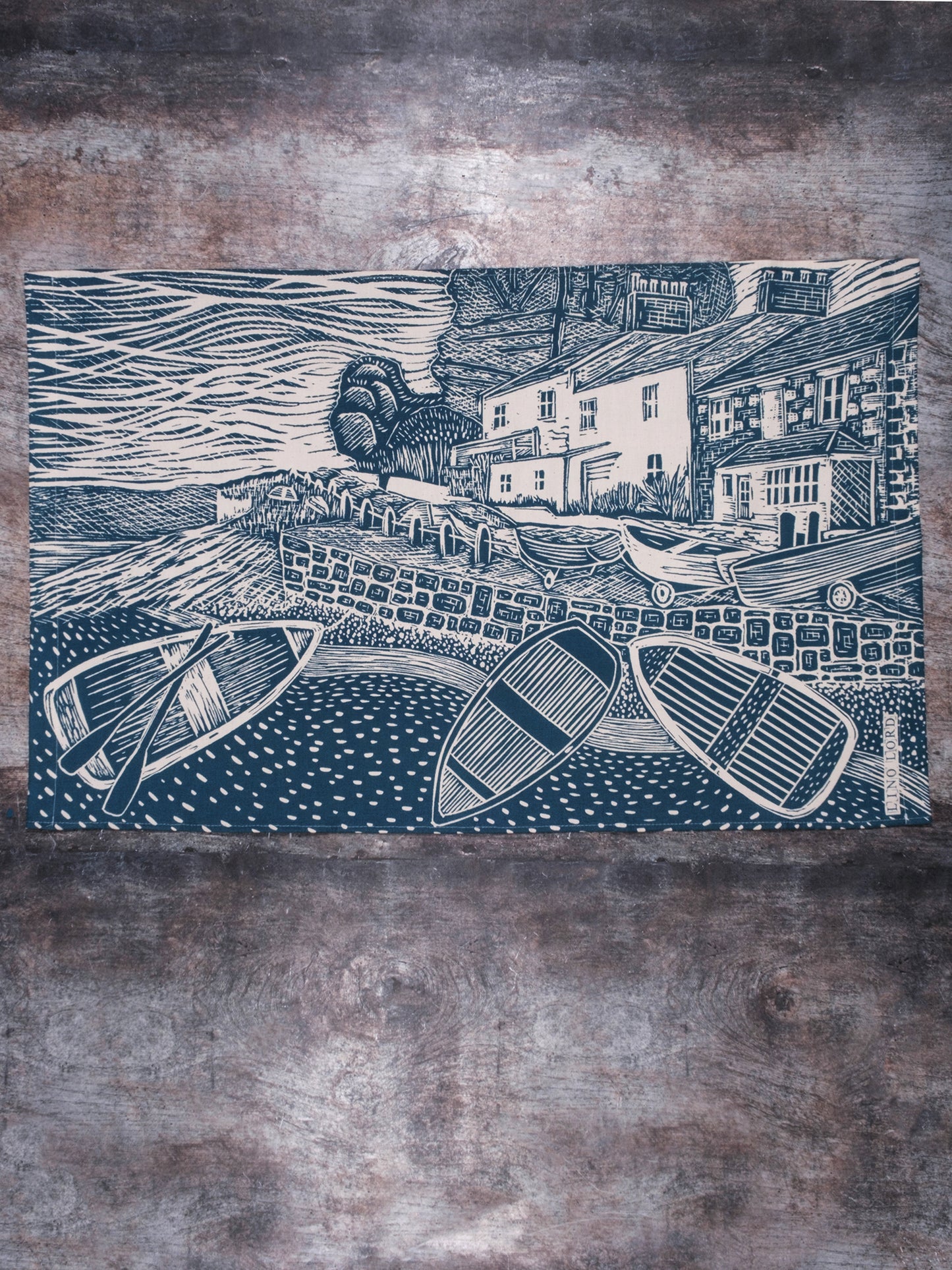 Organic Cotton Tea Towel with Spring Time, Helford Passage Lino Print