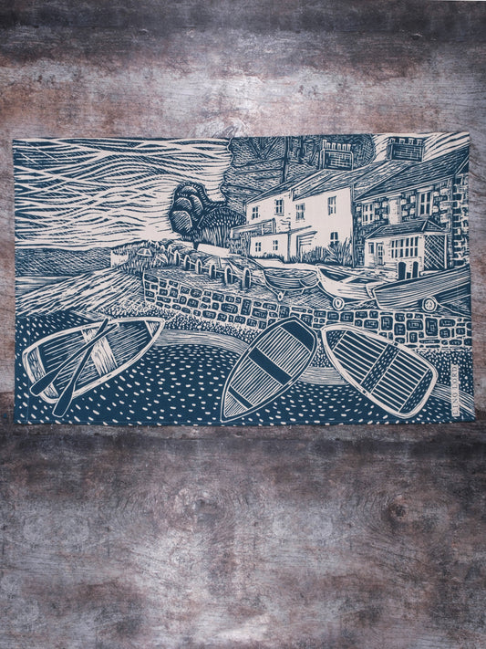 Organic Cotton Tea Towel with Spring Time, Helford Passage Lino Print