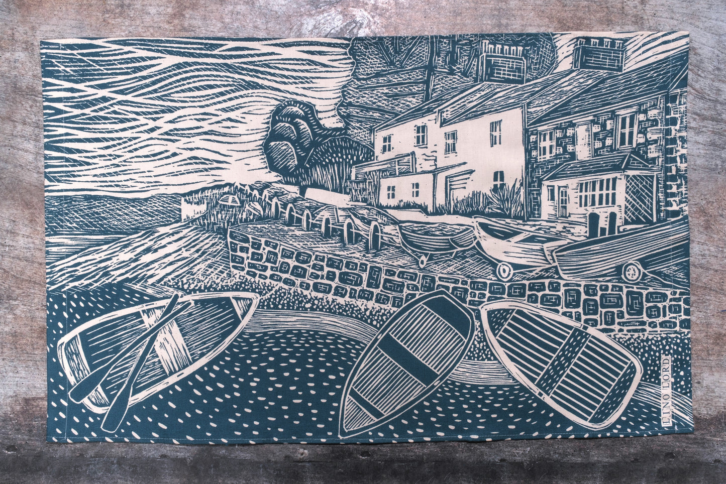 Organic Cotton Tea Towel with Spring Time, Helford Passage Lino Print
