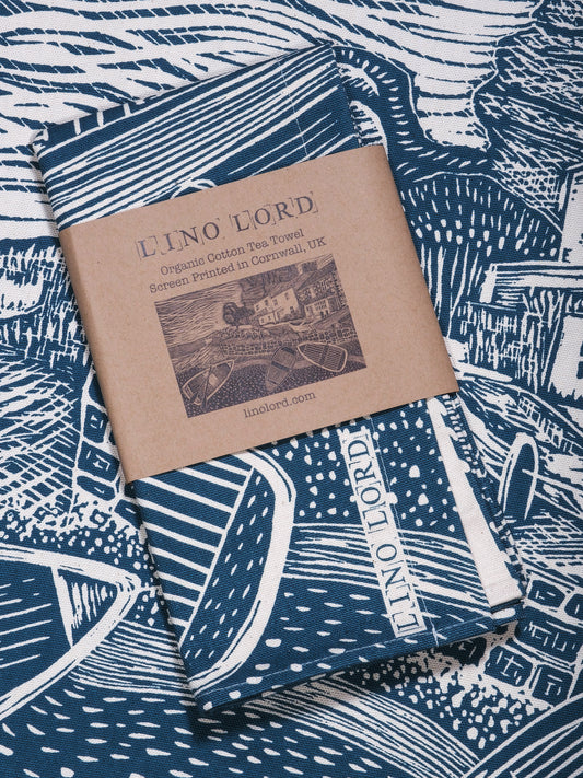 Organic Cotton Tea Towel with Spring Time, Helford Passage Lino Print
