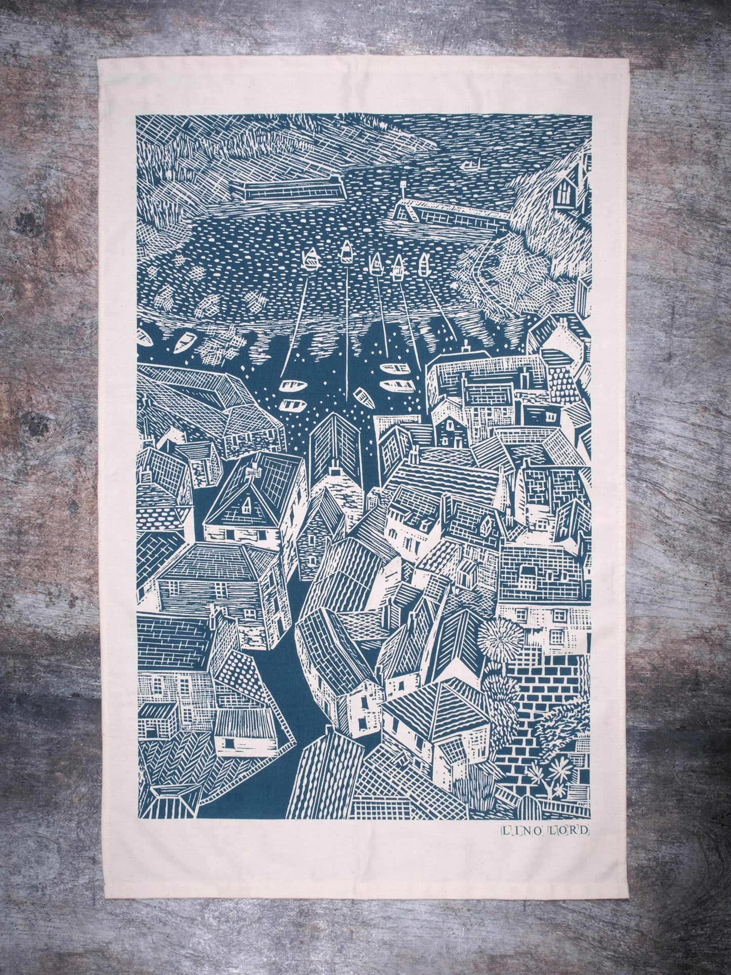Organic Cotton Tea Towel with Rooftops, Port Isaac Lino Print