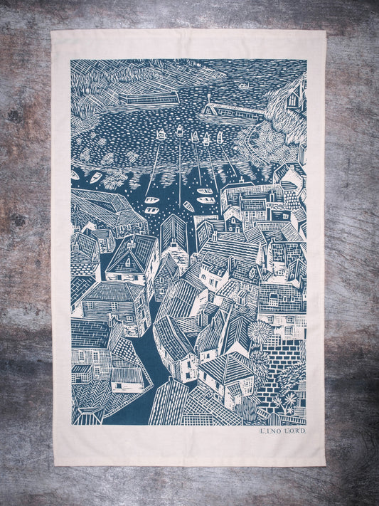 Organic Cotton Tea Towel with Rooftops, Port Isaac Lino Print