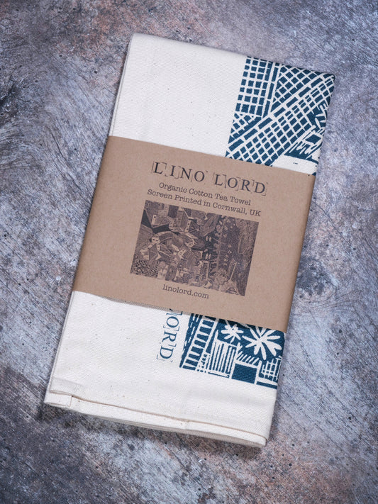 Organic Cotton Tea Towel with Rooftops, Port Isaac Lino Print