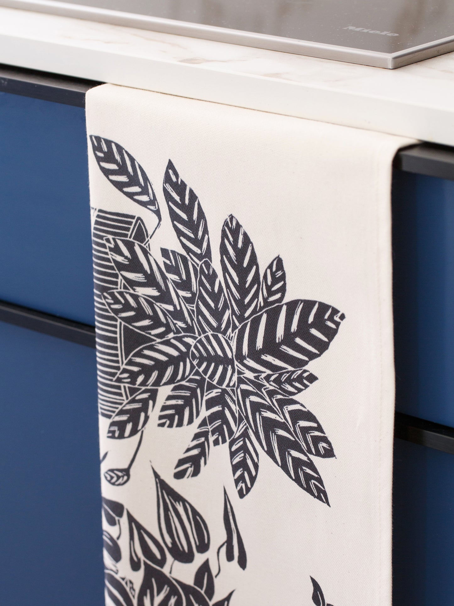 Cotton Tea Towel with Three Houseplants on a Shelf Lino Print