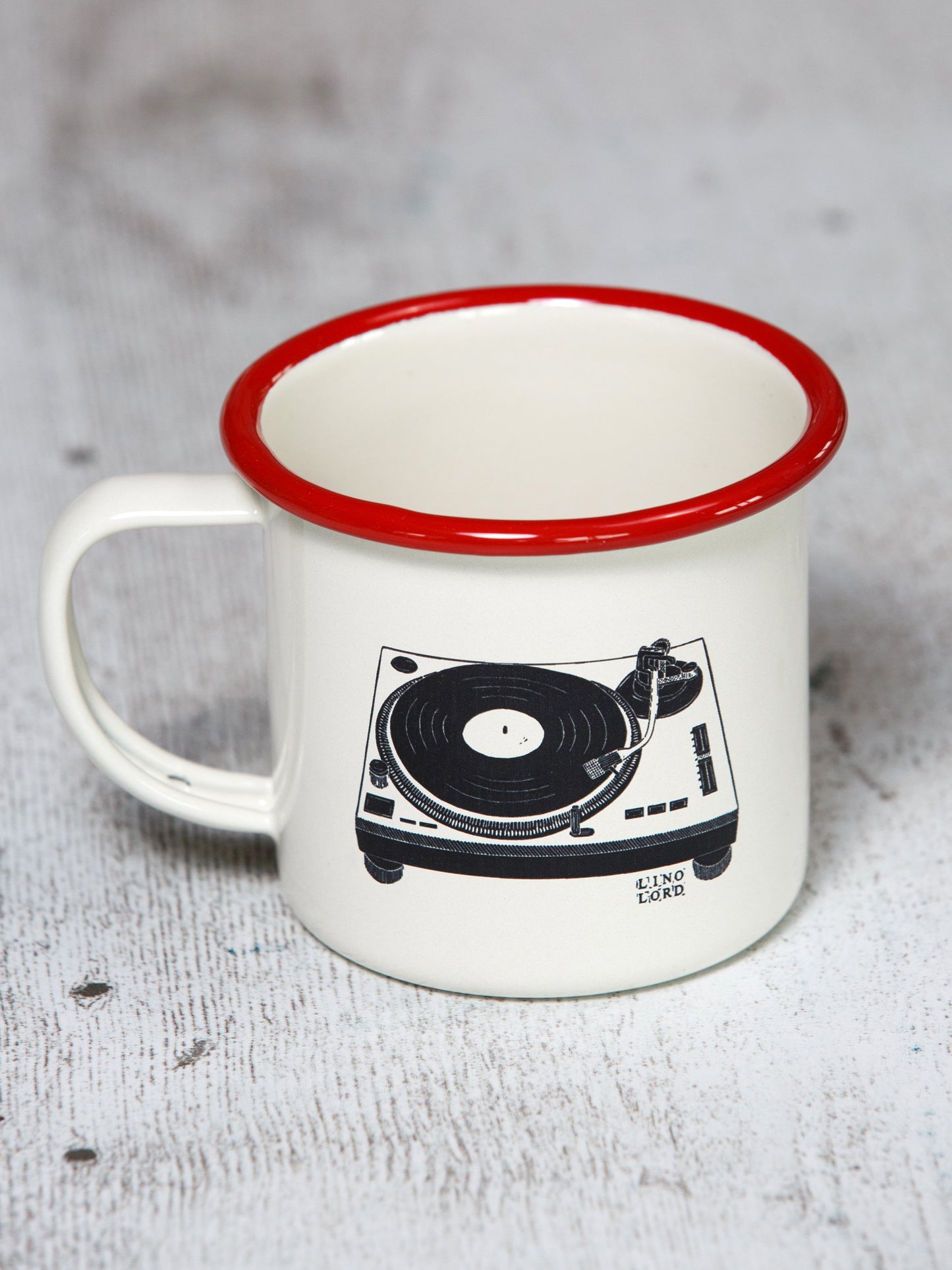 Cream Enamel Mug with Record Deck Design
