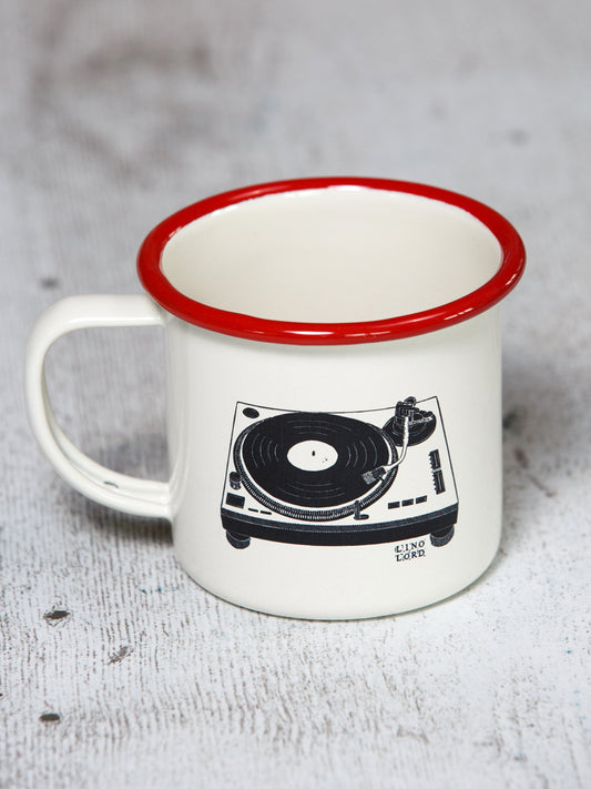 Cream Enamel Mug with Record Deck Design