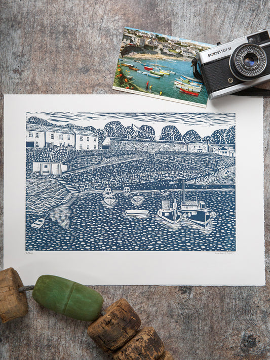 Looking Back, Portscatho Lino Print