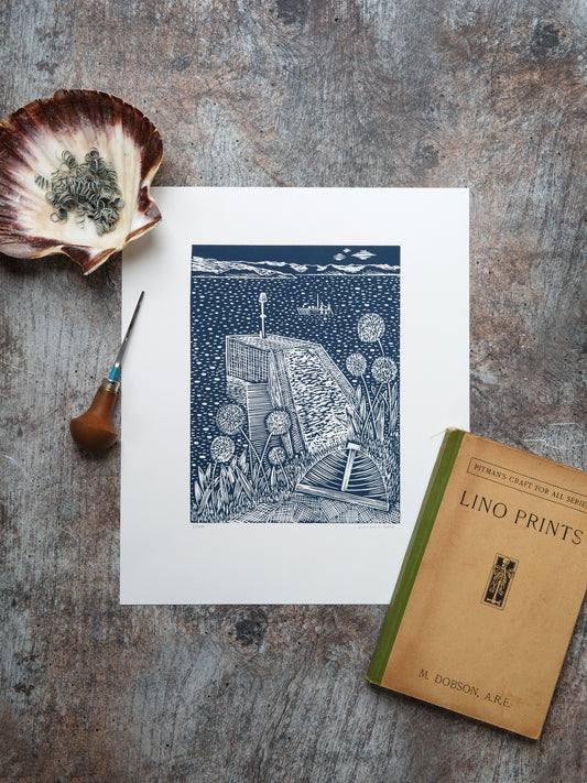 Alliums and Breakwater, The Lugger, Portscatho Lino Print