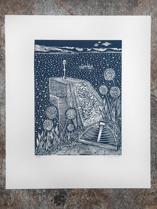 Alliums and Breakwater, The Lugger, Portscatho Lino Print