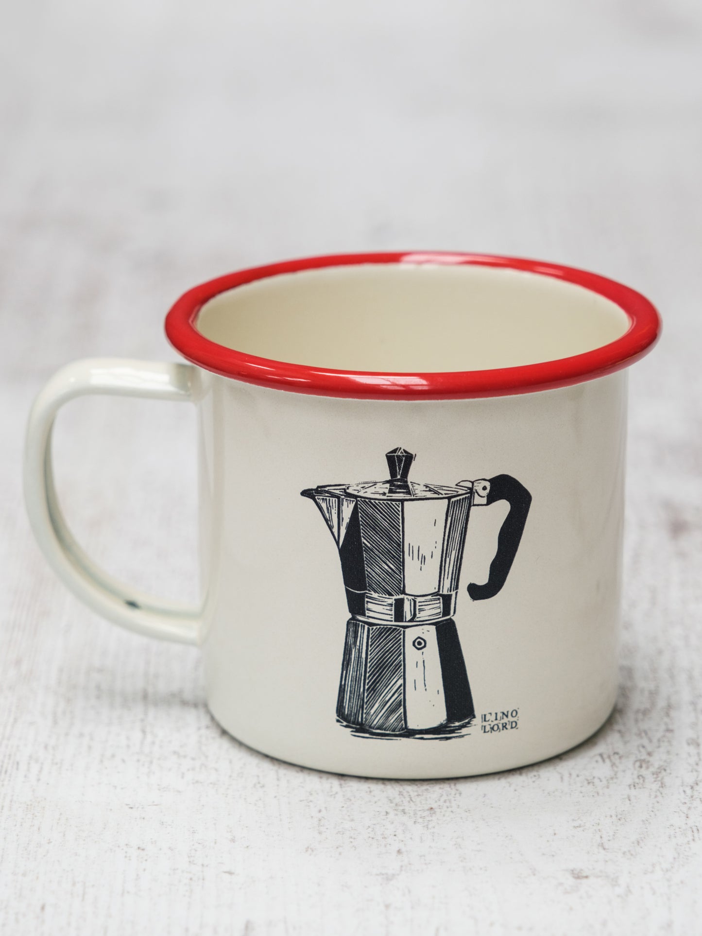 Cream Enamel Mug with Moka Pot Design