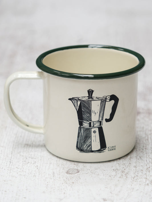 Cream Enamel Mug with Moka Pot Design