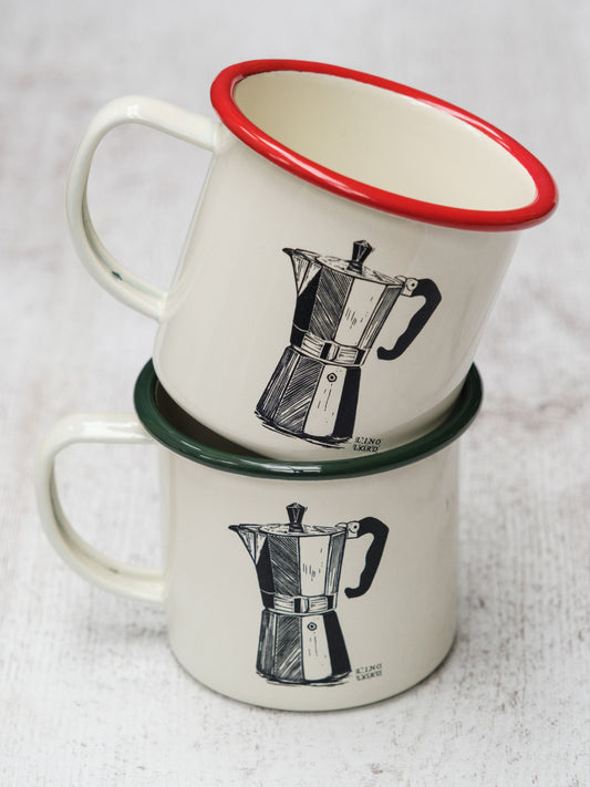 Cream Enamel Mug with Moka Pot Design