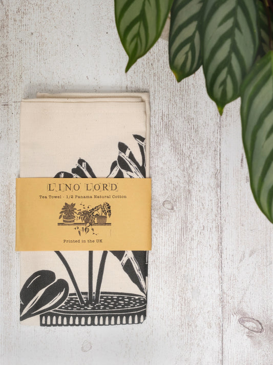 Cotton Tea Towel with Three Houseplants on a Shelf Lino Print