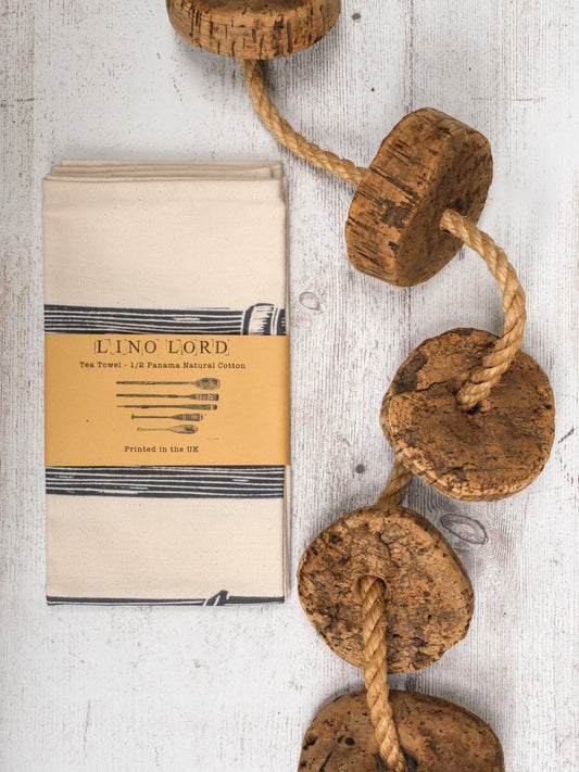 Cotton Tea Towel with Oars and Paddles Lino Print