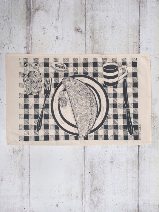 Cotton Tea Towel with a Cornish Pasty on a Plate Lino Print