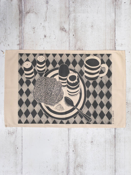 Cotton Tea Towel with Eggs and Soldiers Lino Print