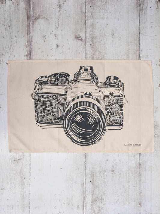 Cotton Tea Towel with Camera Lino Print