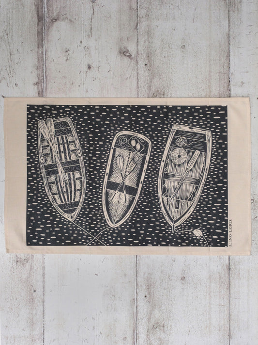 Cotton Tea Towel with Three Rowing Boats Lino Print