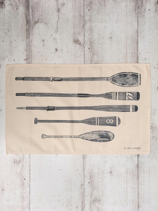 Cotton Tea Towel with Oars and Paddles Lino Print