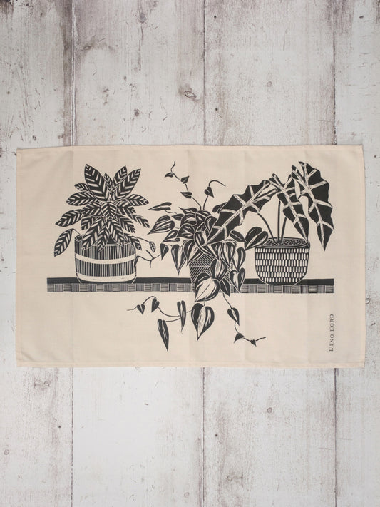 Cotton Tea Towel with Three Houseplants on a Shelf Lino Print