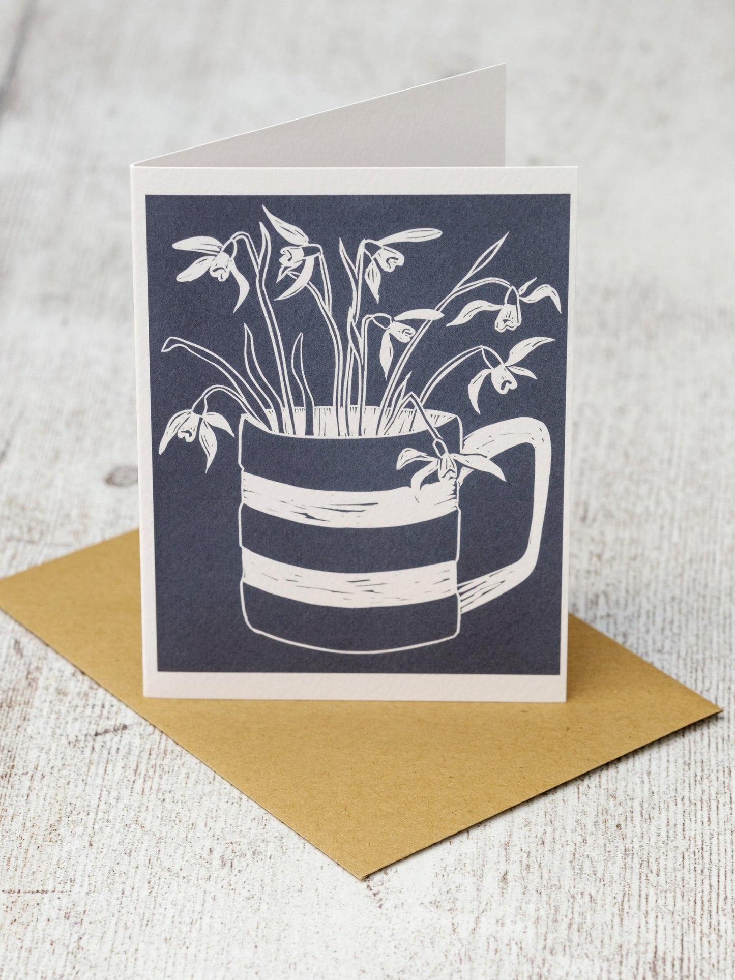 Snowdrops in Cornishware Mug A5 Greeting Card