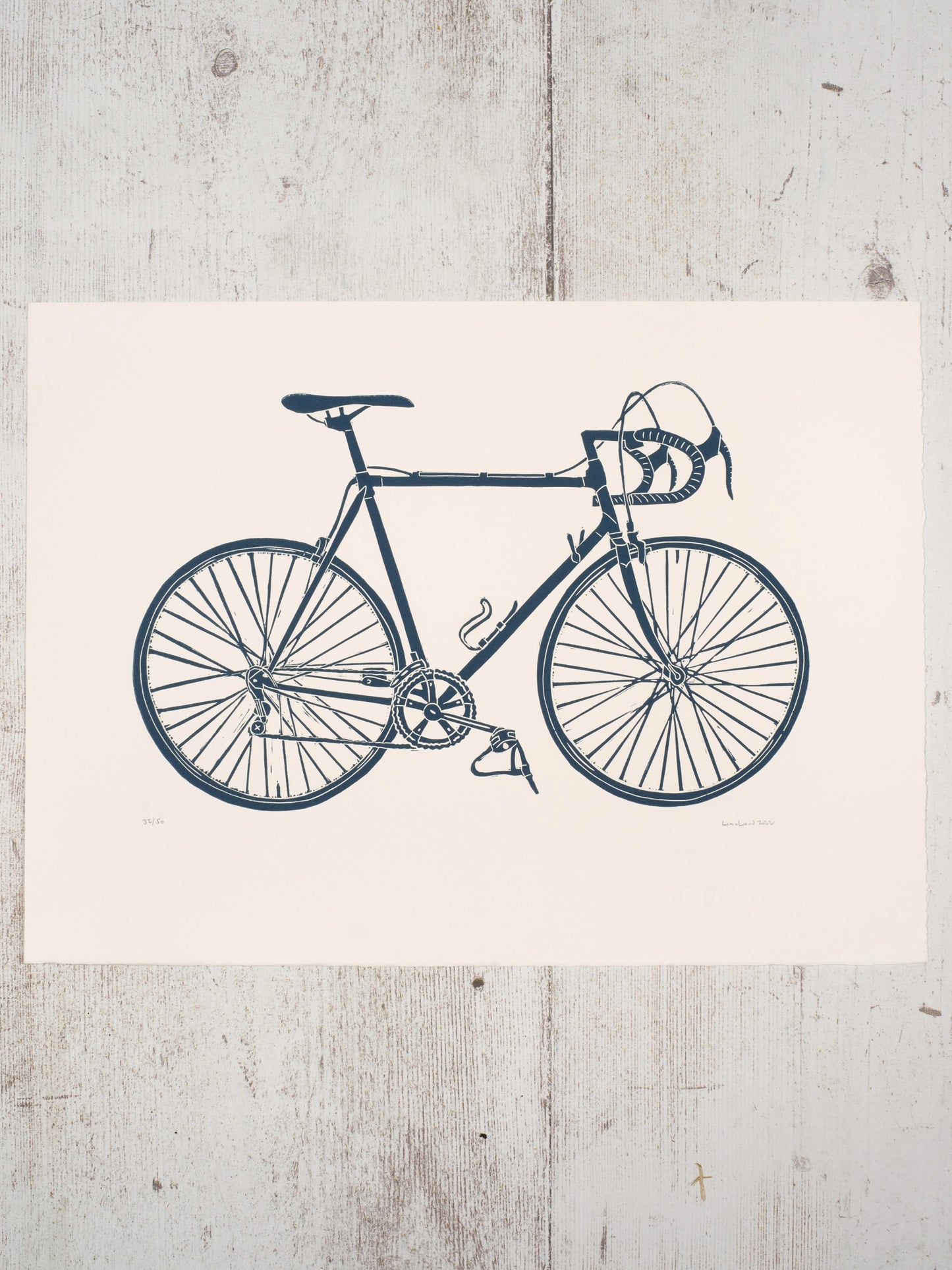 Steel Framed Racing Bicycle Lino Print in Blue Black. Steel Is Real!