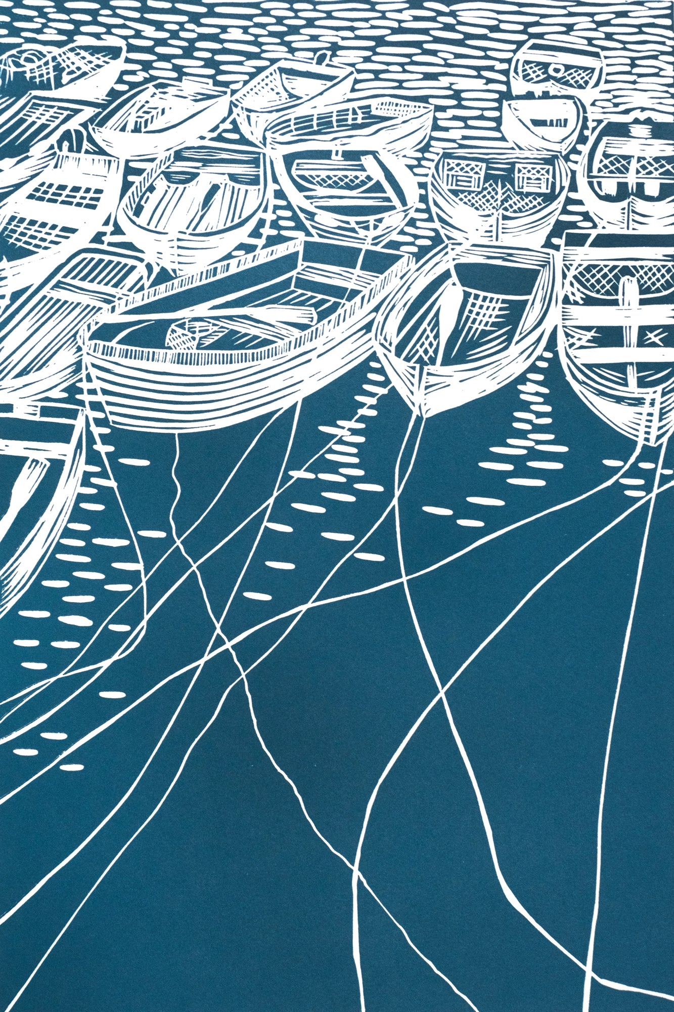 All Tied Up Teal Lino Print of Rowing Boats in Mevagissey, Cornwall