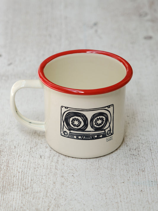 Cream Enamel Mug with Cassette Tape Design