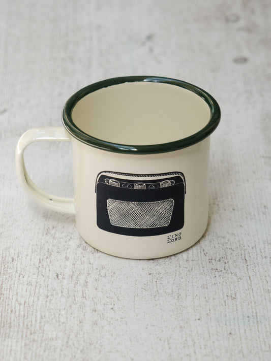 Cream Enamel Mug with Vintage Radio Design