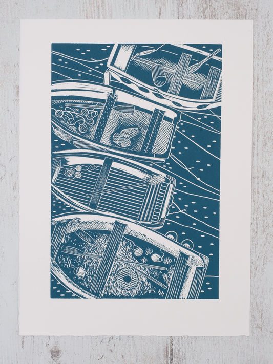 Four Rowing Boats From Above, St Ives, Cornwall Teal Lino Print