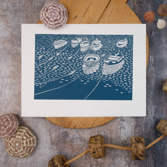 Seven Rowing Boats, St Mawes, Cornwall Lino Print