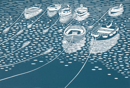 Seven Rowing Boats, St Mawes, Cornwall Lino Print