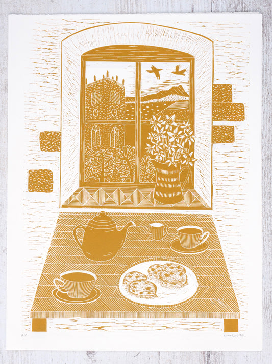 View From The Window in St Davids Lino Print in Yellow Ochre