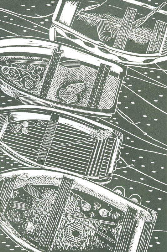 Four Rowing Boats From Above, Wild Green Lino Print - Test Print
