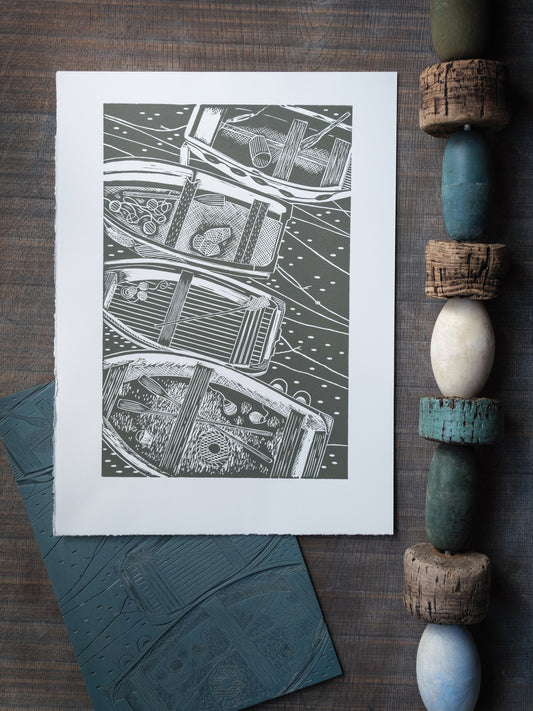Four Rowing Boats From Above, Wild Green Lino Print - Test Print