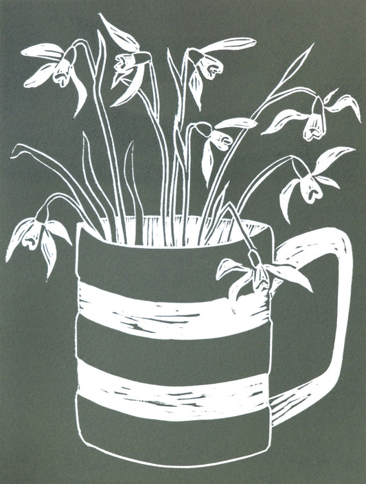 Snowdrops in Cornishware Wild Green Lino Print
