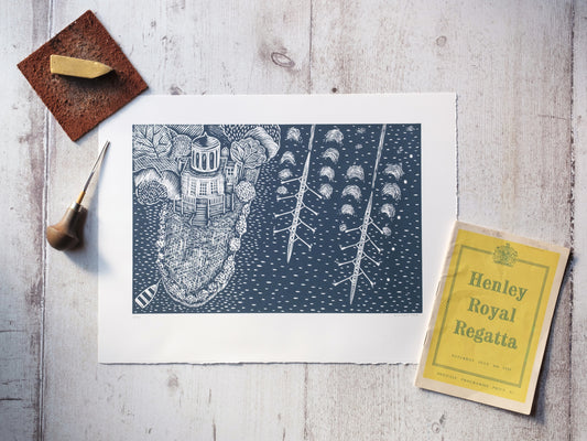 Rowing Pass Temple Island, Henley on Thames Lino Print