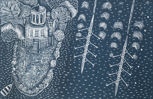 Rowing Pass Temple Island, Henley on Thames Lino Print