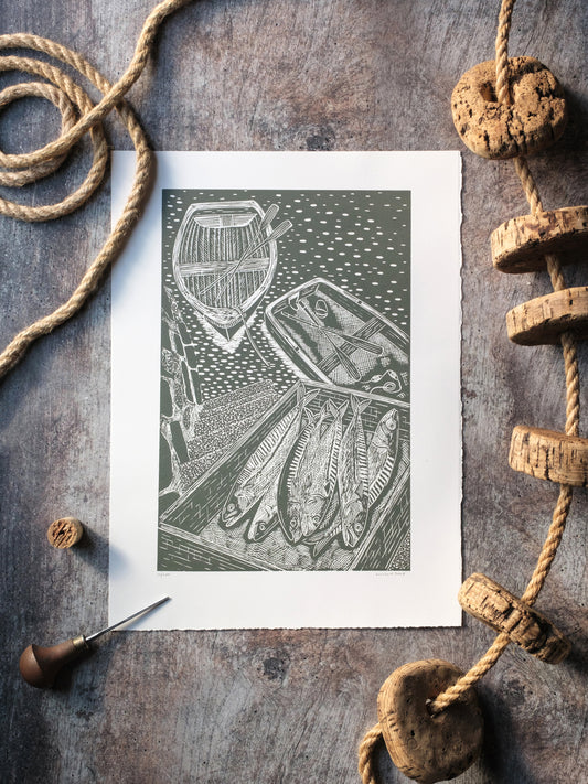 Fresh Mackerel on Quayside, Falmouth Cornwall Lino Print - Wild Green