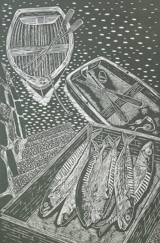 Fresh Mackerel on Quayside, Falmouth Cornwall Lino Print - Wild Green