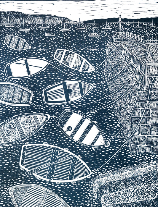 Nine Boats, Fish Strand Quay, Falmouth Lino Print